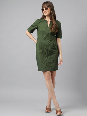 Green Short Sleeve  V Neck Above Knee Dress