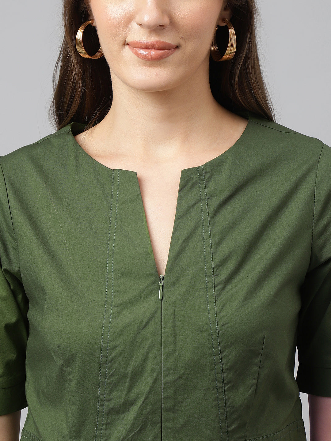 Green Short Sleeve  V Neck Above Knee Dress