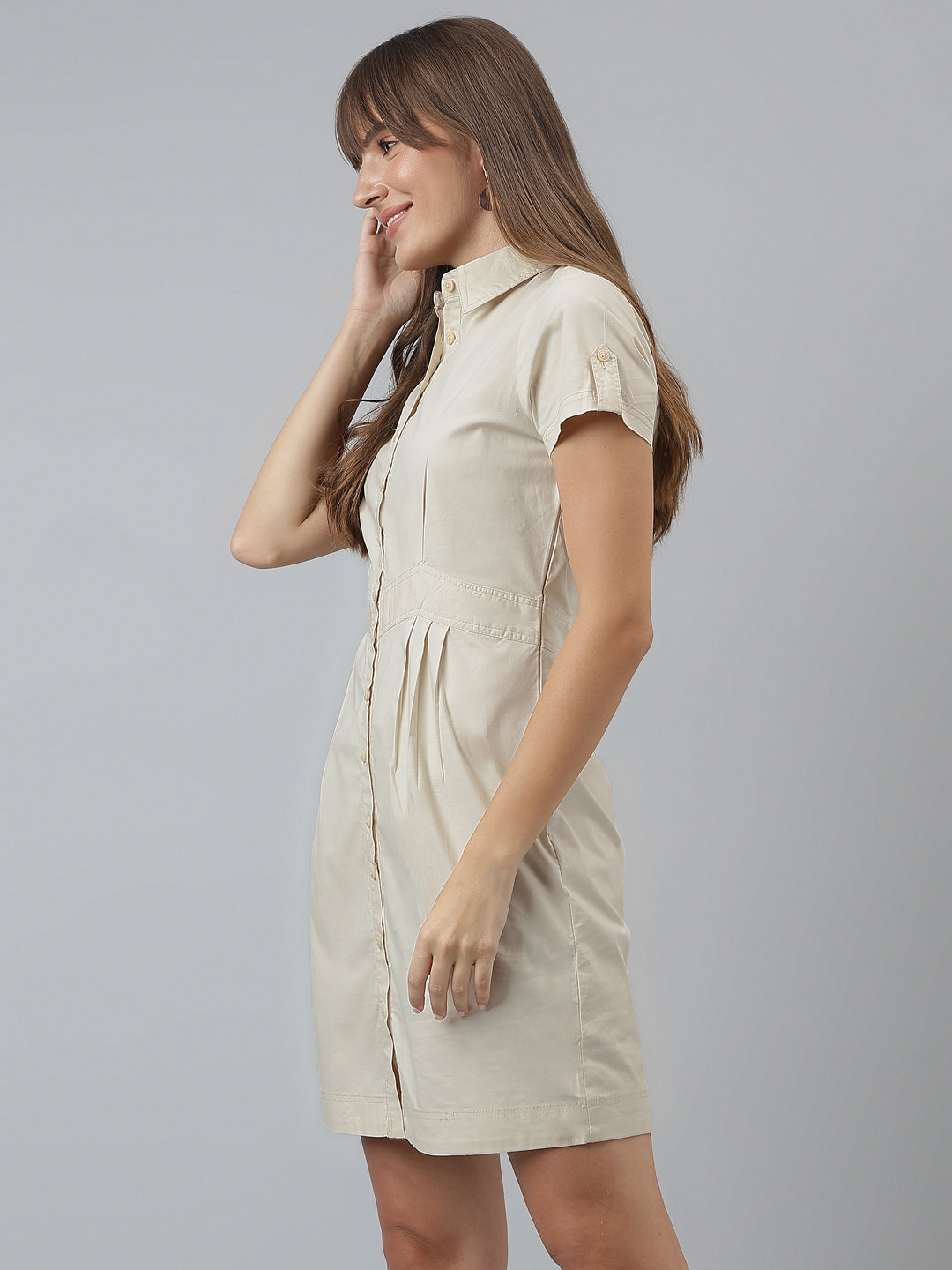 Solid Bodycon Casual Short Sleeves Beige Dress - Main Image