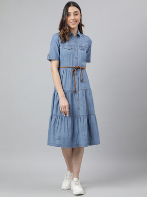 Blue Short Sleeve A Line Collar Midi Dress