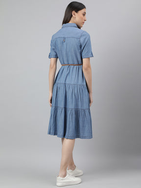 Blue Short Sleeve A Line Collar Midi Dress