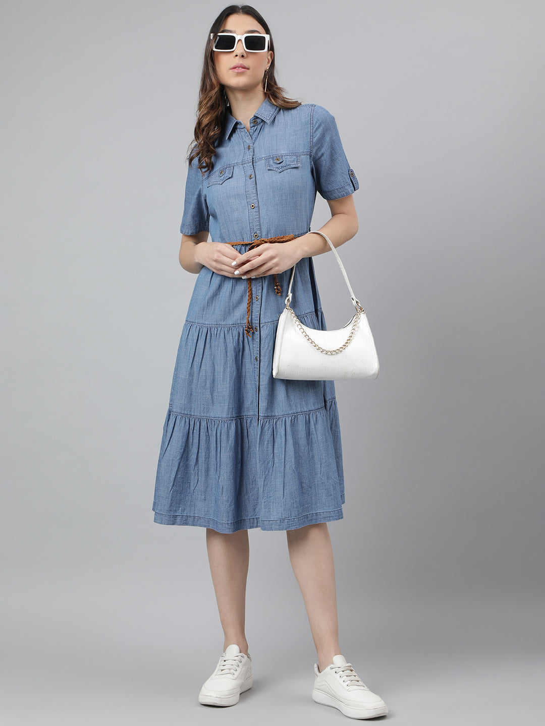 Blue Short Sleeve A Line Collar Midi Dress