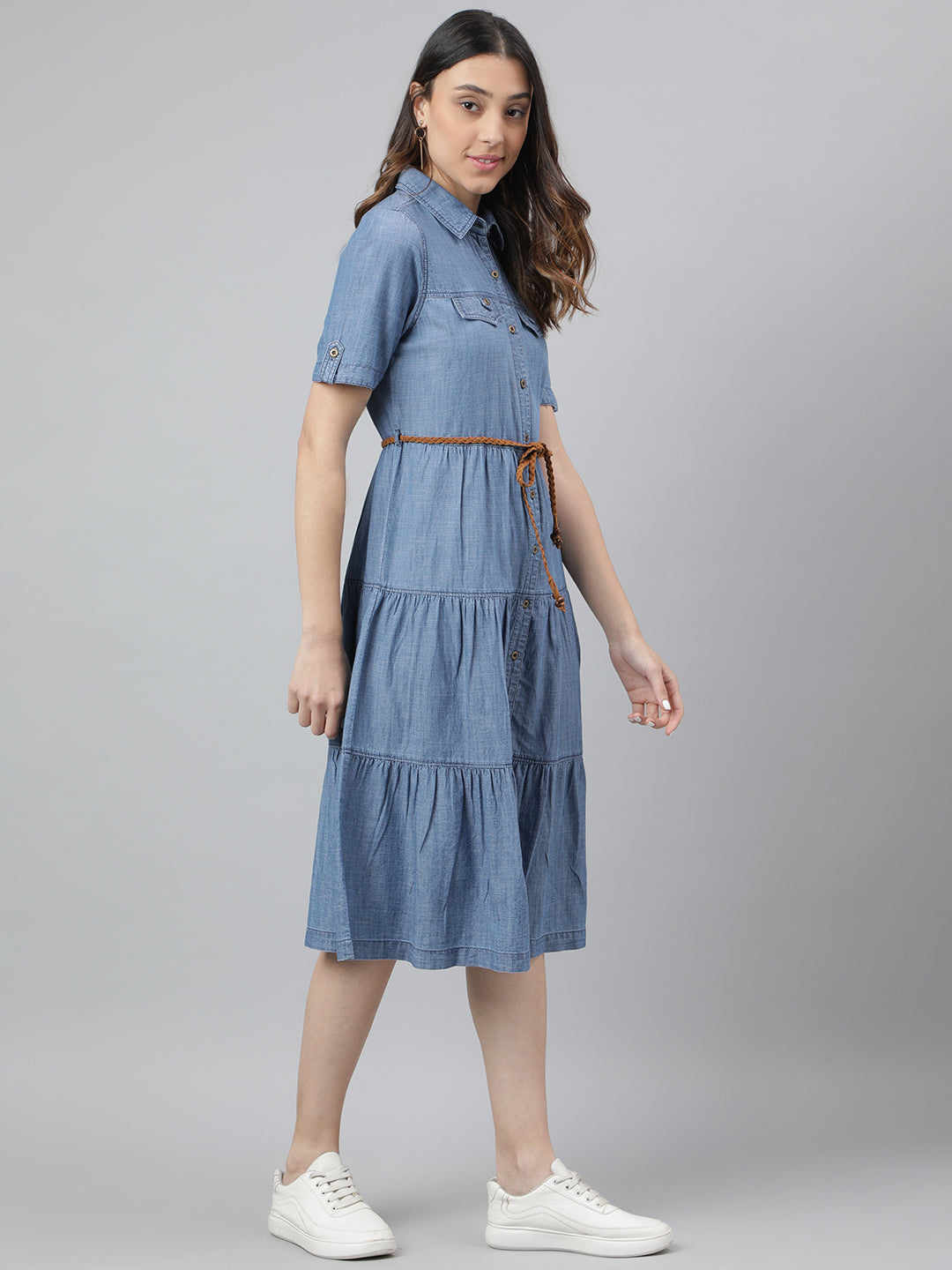 Blue Short Sleeve A Line Collar Midi Dress