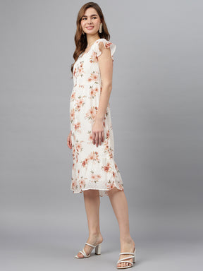 Peach V-Neck Short Sleeves Printed A-Line Dress For Casual Wear