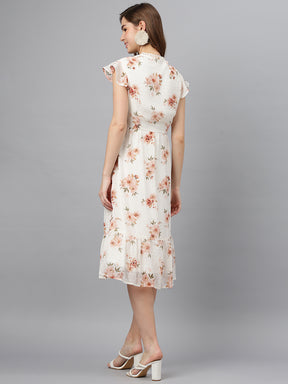 Peach V-Neck Short Sleeves Printed A-Line Dress For Casual Wear