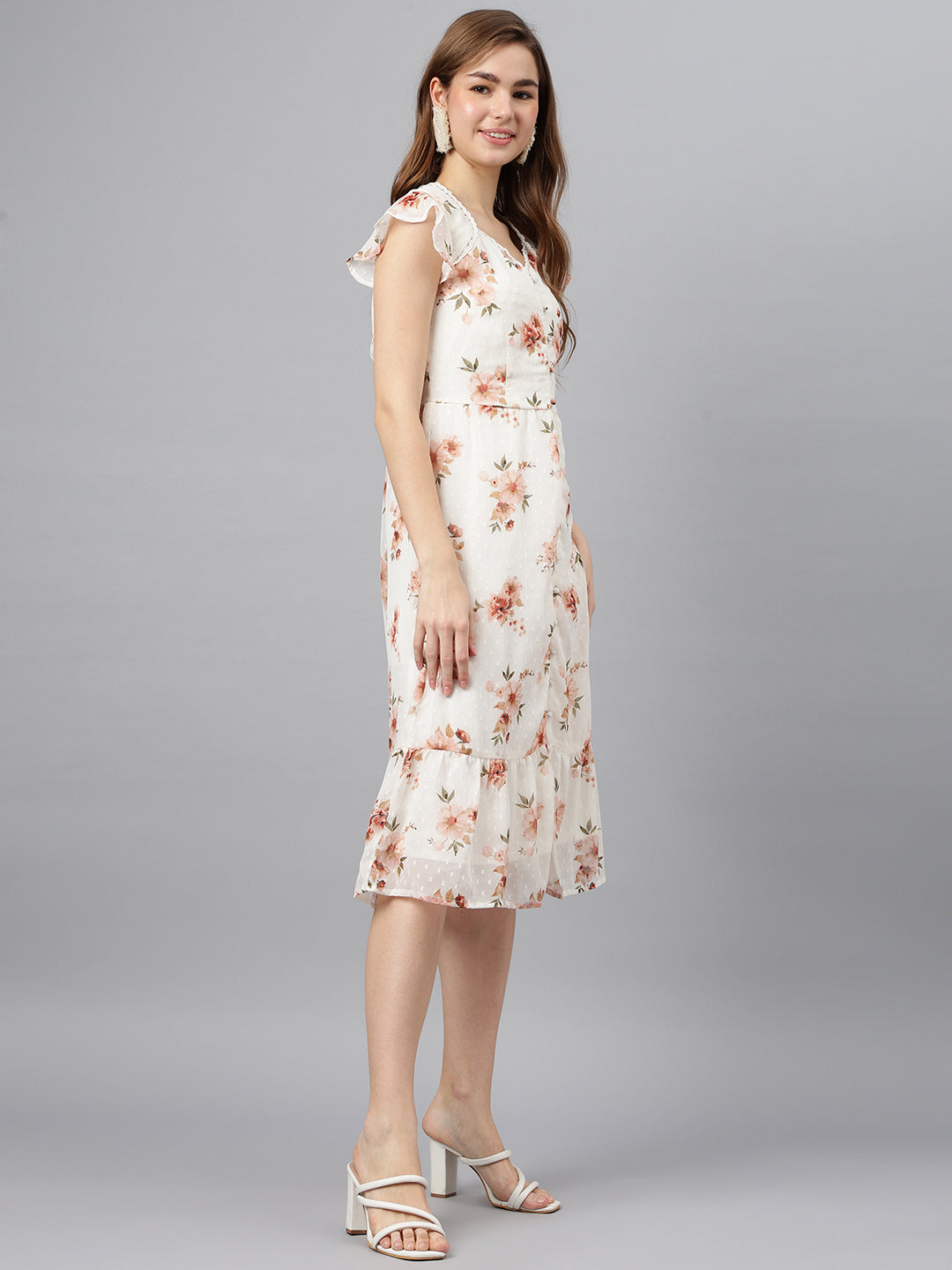 Peach V-Neck Short Sleeves Printed A-Line Dress For Casual Wear