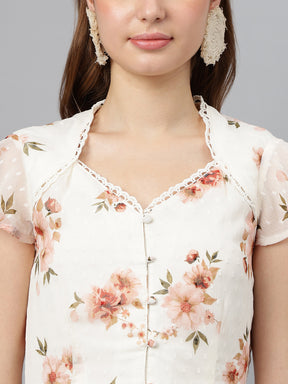 Peach V-Neck Short Sleeves Printed A-Line Dress For Casual Wear