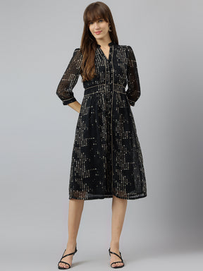 Black Mandarin Collar Three Quarter Sleeves A Line Knee Length Dress For Casual Wear