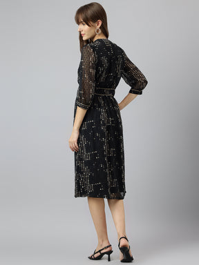 Black Mandarin Collar Three Quarter Sleeves A Line Knee Length Dress For Casual Wear