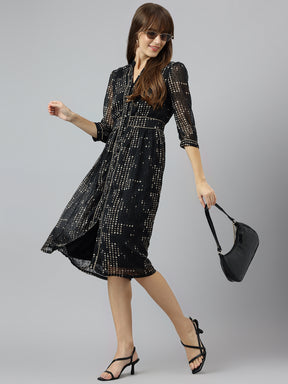 Black Mandarin Collar Three Quarter Sleeves A Line Knee Length Dress For Casual Wear