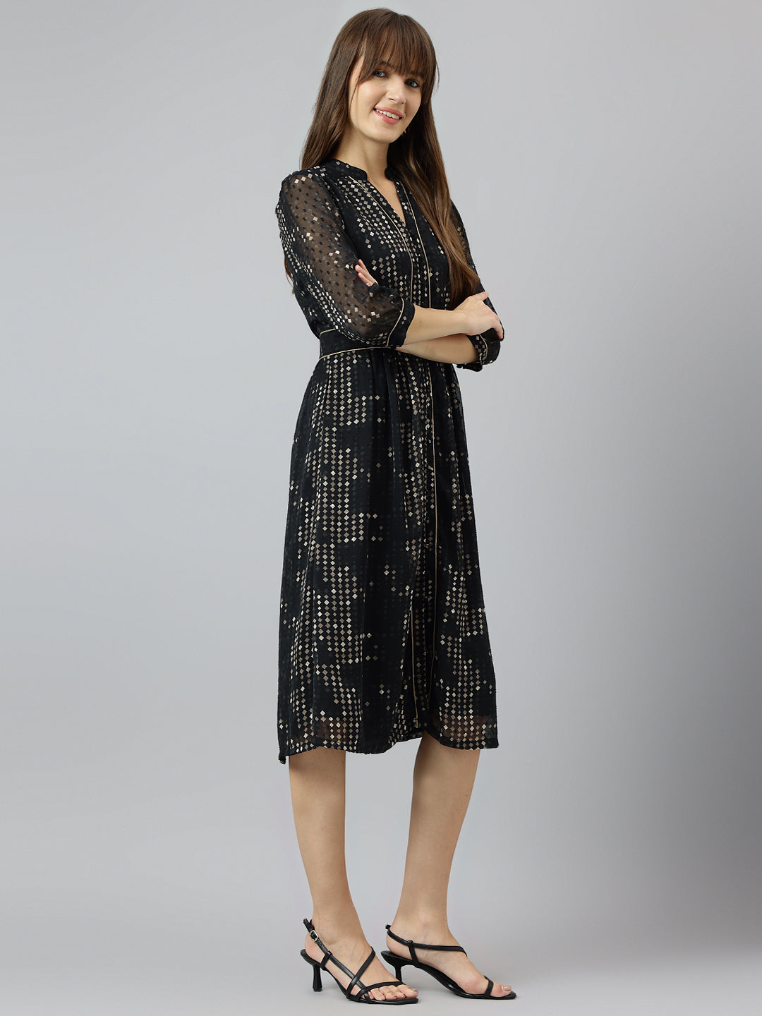 Black Mandarin Collar Three Quarter Sleeves A Line Knee Length Dress For Casual Wear