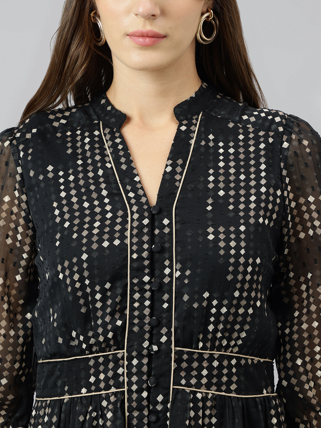 Black Mandarin Collar Three Quarter Sleeves A Line Knee Length Dress F Black Mandarin Collar Three Quarter Sleeves A Line Knee Length Dress F