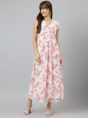 Pink V Neck Short Sleeves Fit And Flare Maxi Dress For Casual Wear