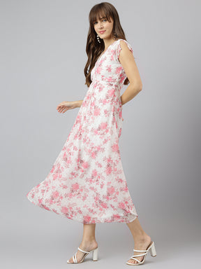 Pink V Neck Short Sleeves Fit And Flare Maxi Dress For Casual Wear