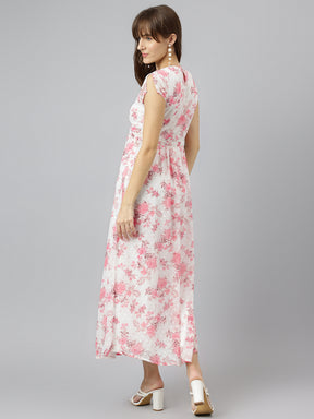 Pink V Neck Short Sleeves Fit And Flare Maxi Dress For Casual Wear