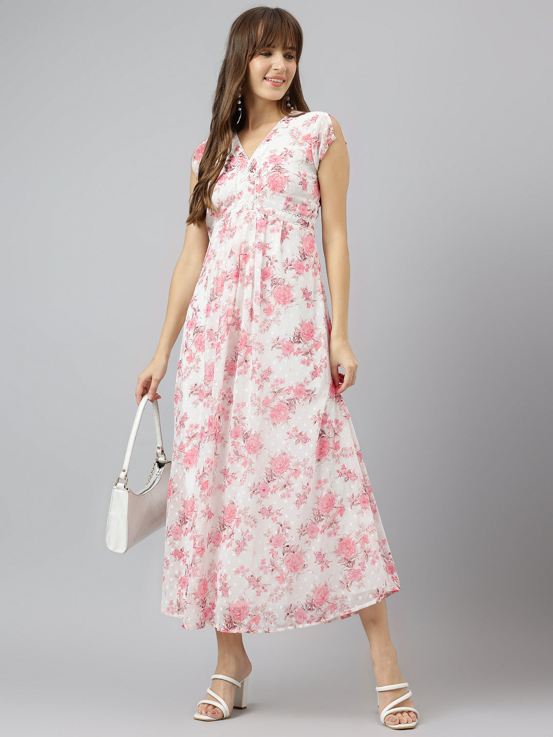 Pink V Neck Short Sleeves Fit And Flare Maxi Dress For Casual Wear