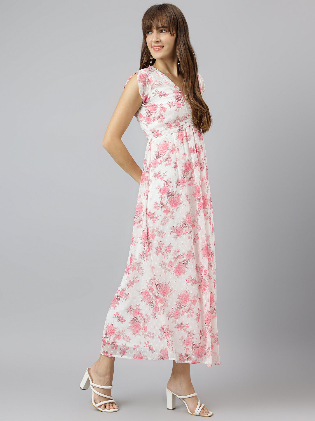 Pink V Neck Short Sleeves Fit And Flare Maxi Dress For Casual Wear