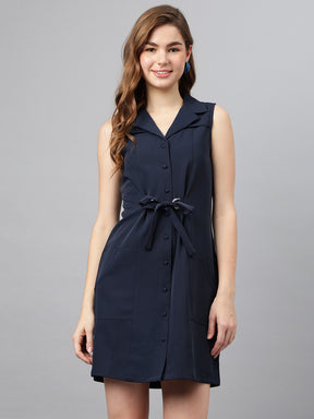 Navy Blue Shirt Collar Sleeveless Solid A-Line Dress For Casual Wear