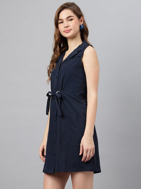 Navy Blue Shirt Collar Sleeveless Solid A-Line Dress For Casual Wear