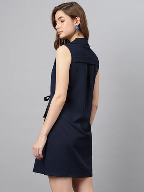 Navy Blue Shirt Collar Sleeveless Solid A-Line Dress For Casual Wear