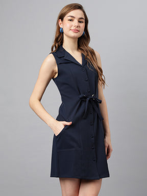 Navy Blue Shirt Collar Sleeveless Solid A-Line Dress For Casual Wear