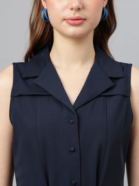 Navy Blue Shirt Collar Sleeveless Solid A-Line Dress For Casual Wear