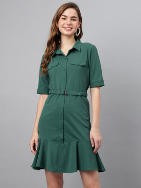 Green Shirt Collar Short Sleeves Solid A-Line Dress For Casual Wear