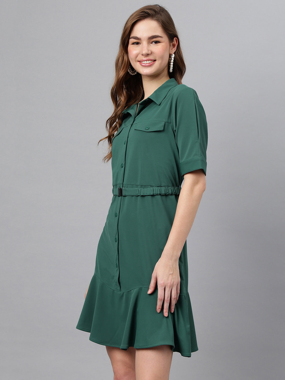 Green Shirt Collar Short Sleeves Solid A-Line Dress For Casual Wear