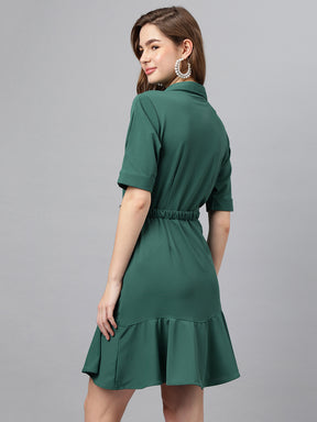 Green Shirt Collar Short Sleeves Solid A-Line Dress For Casual Wear