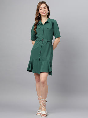 Green Shirt Collar Short Sleeves Solid A-Line Dress For Casual Wear