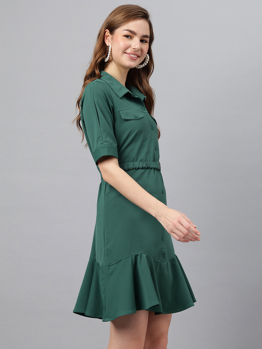 Green Shirt Collar Short Sleeves Solid A-Line Dress For Casual Wear