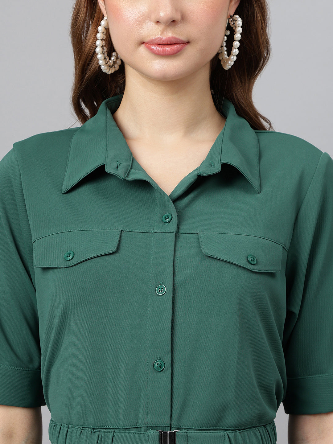 Green Shirt Collar Short Sleeves Solid A-Line Dress For Casual Wear