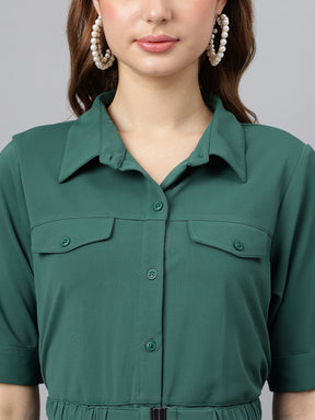 Green Shirt Collar Short Sleeves Solid A-Line Dress For Casual Wear