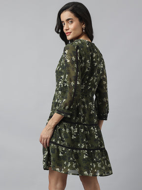Latin Quarters Women Green Round Neck 3/4th Sleeves Printed A-Line Dress For Casual