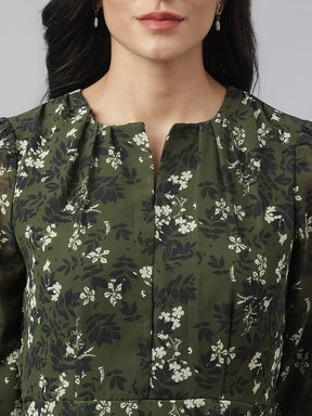 Latin Quarters Women Green Round Neck 3/4th Sleeves Printed A-Line Dress For Casual