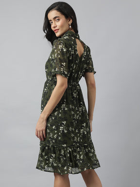 Green Half Sleeve Collared Neck Printed Knee Length Dress For Casual Wear