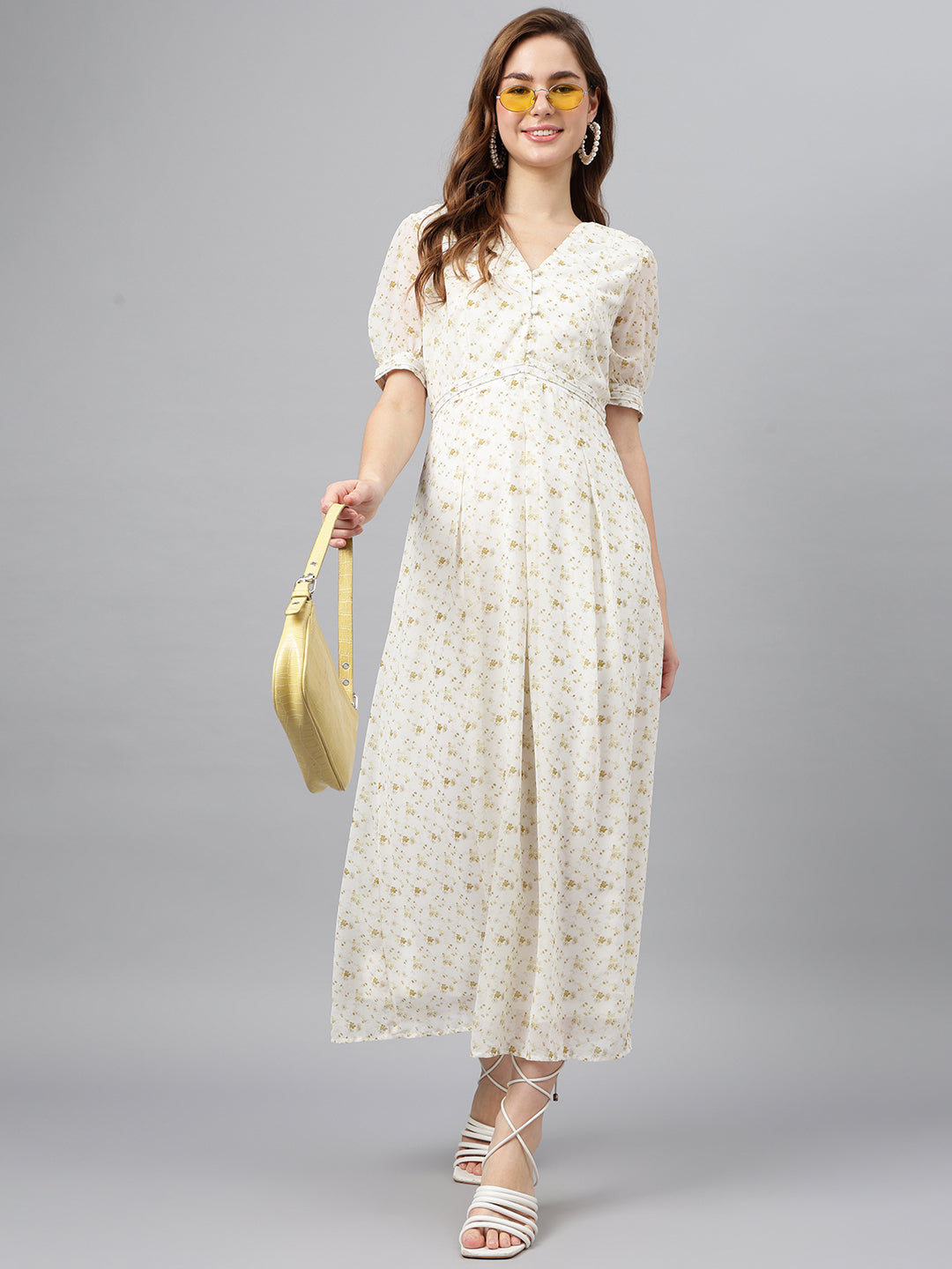 Ivory V-Neck Short Sleeves Printed A-Line Dress For Casual Wear