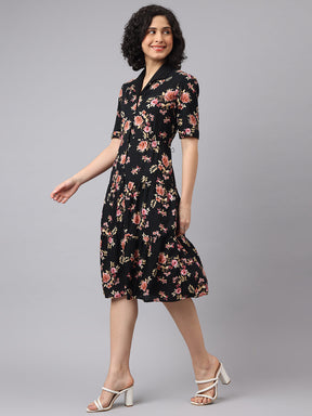 Latin Quarters Women Black V-Neck Half Sleeves Printed Shirt Dress For Casual Wear