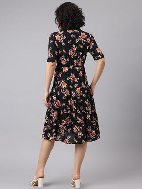 Latin Quarters Women Black V-Neck Half Sleeves Printed Shirt Dress For Casual Wear