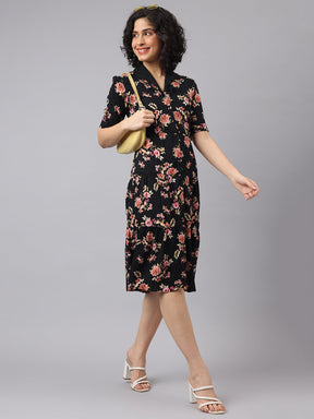 Latin Quarters Women Black V-Neck Half Sleeves Printed Shirt Dress For Casual Wear