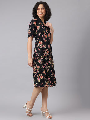 Latin Quarters Women Black V-Neck Half Sleeves Printed Shirt Dress For Casual Wear