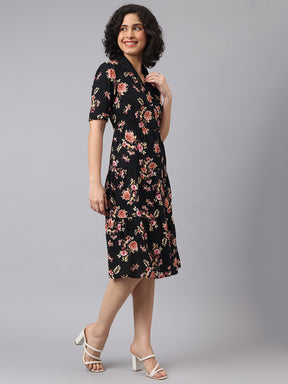 Latin Quarters Women A-Line Black Half Sleeve V-Neck Printed Casual Dress