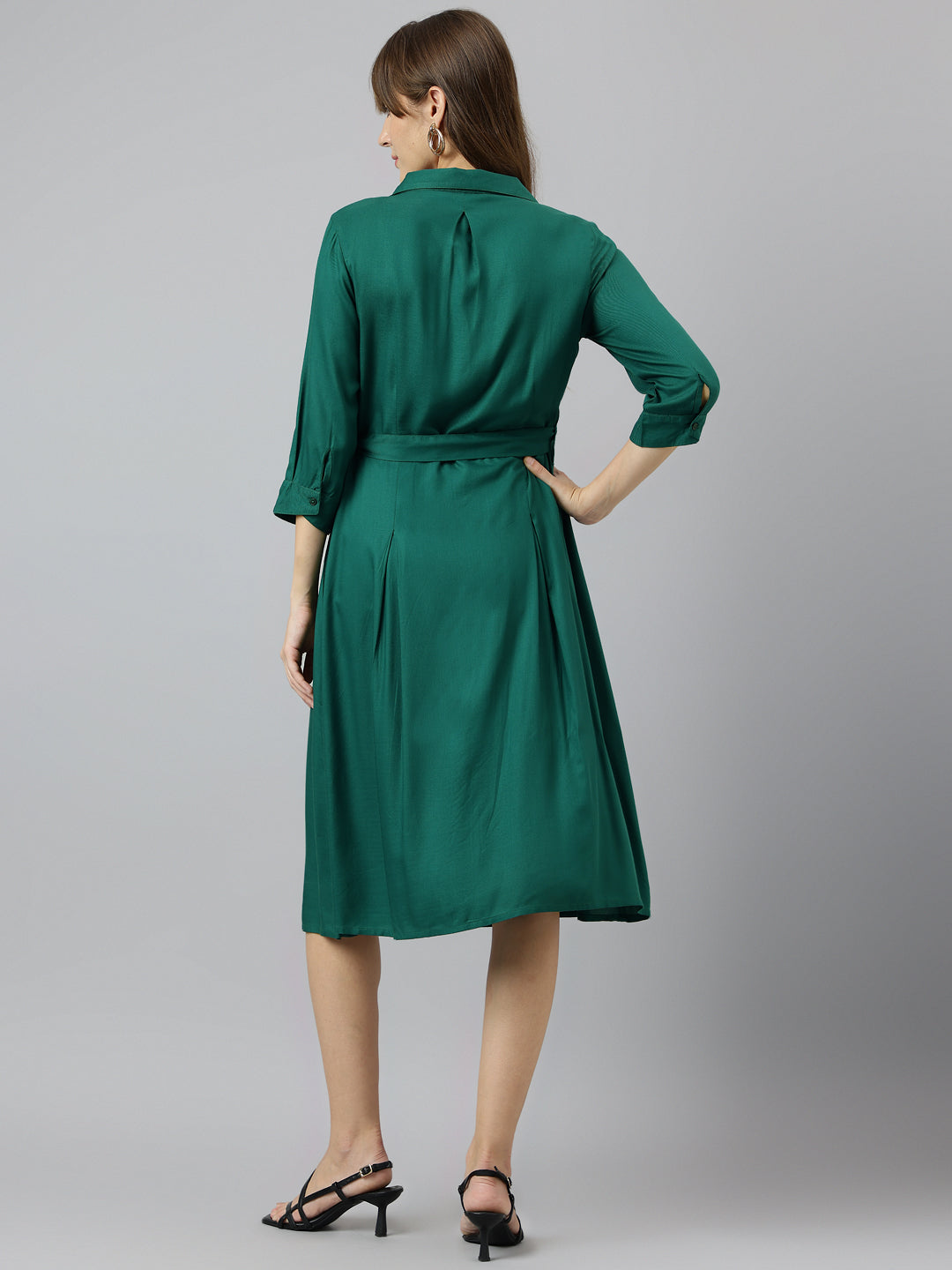 Green Shirt Collar Three Quarter Sleeves A Line Knee Length Dress For Casual Wear