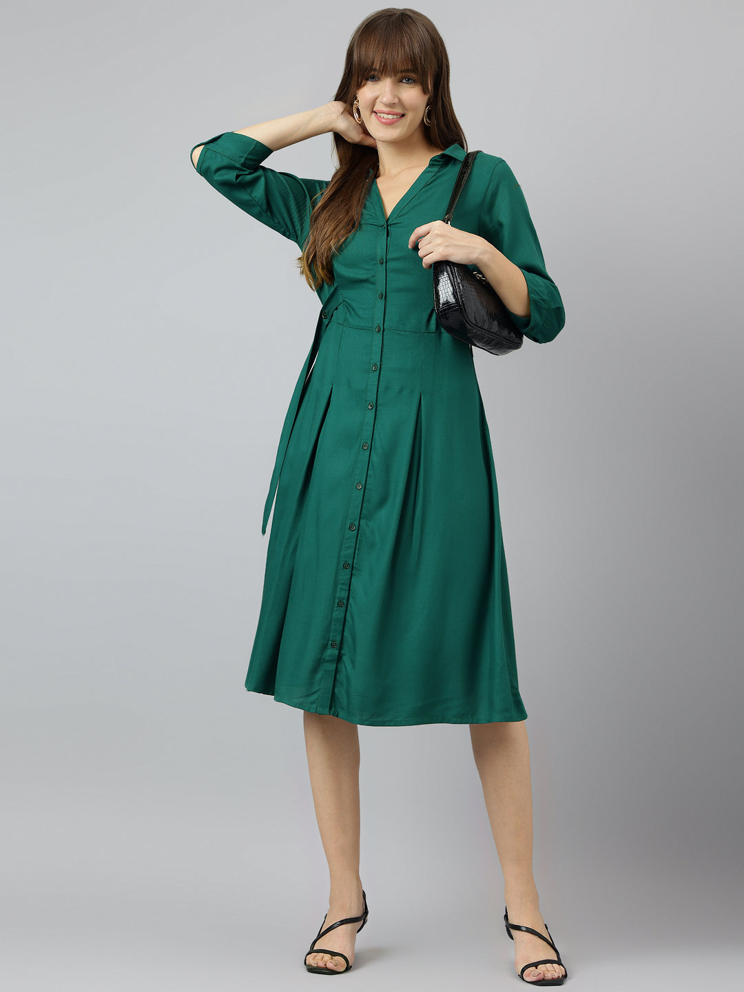 Green Shirt Collar Three Quarter Sleeves A Line Knee Length Dress For Casual Wear