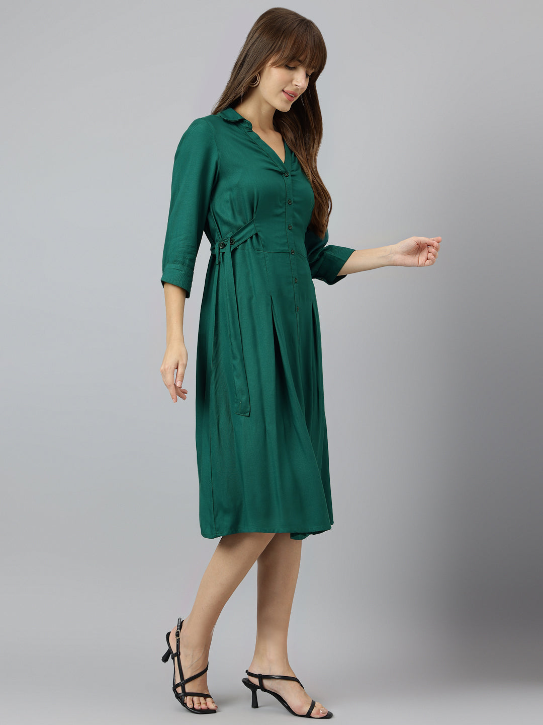 Green Shirt Collar Three Quarter Sleeves A Line Knee Length Dress For Casual Wear