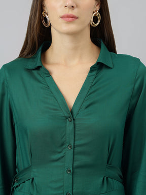 Green Shirt Collar Three Quarter Sleeves A Line Knee Length Dress For Casual Wear