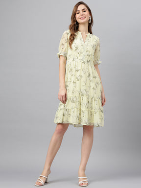 Yellow V-Neck Short Sleeves Printed A-Line Dress For Casual Wear