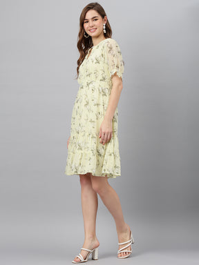 Yellow V-Neck Short Sleeves Printed A-Line Dress For Casual Wear