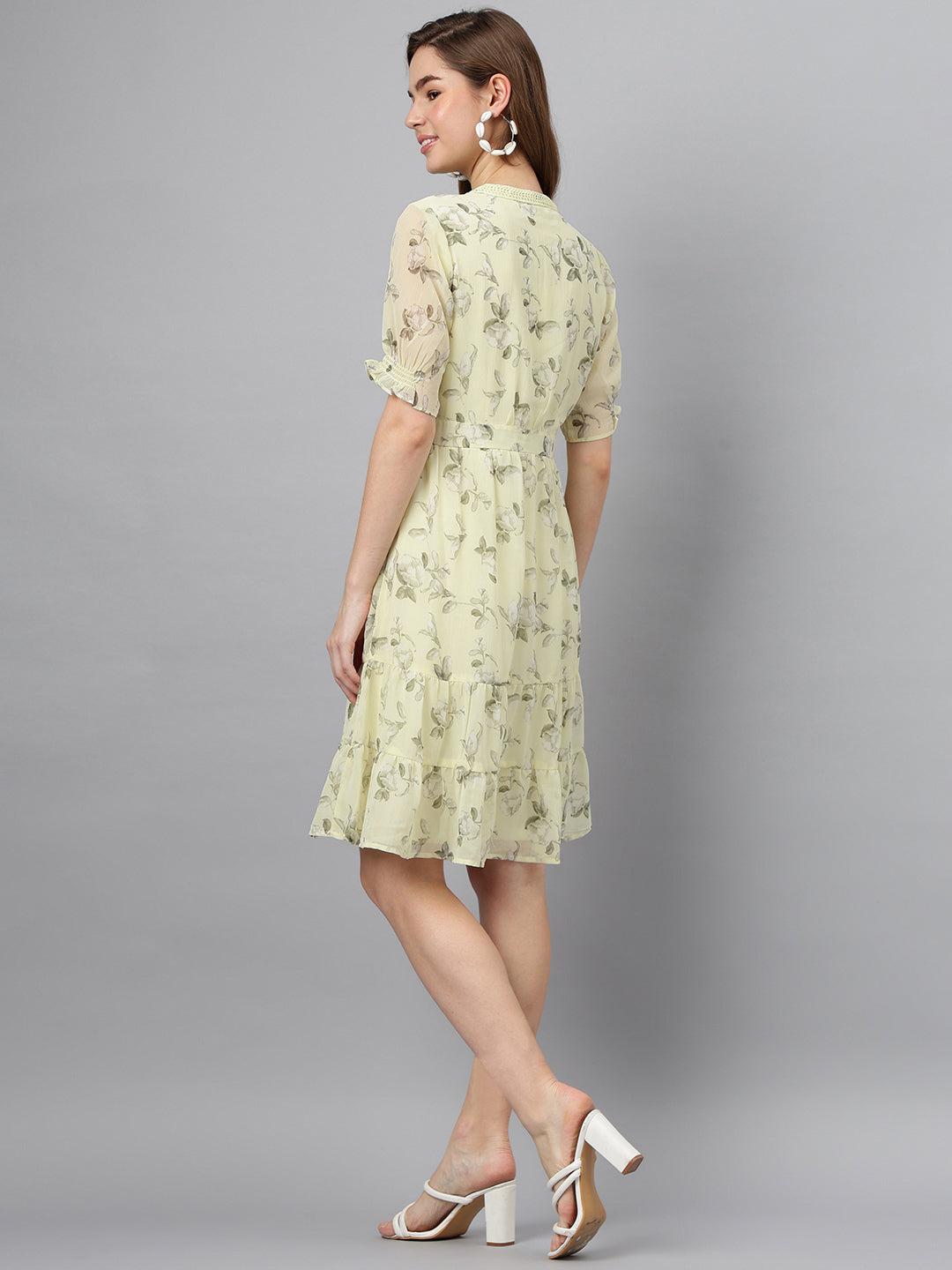 Yellow V-Neck Short Sleeves Printed A-Line Dress For Casual Wear