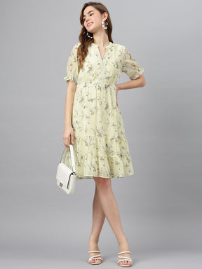 Yellow V-Neck Short Sleeves Printed A-Line Dress For Casual Wear